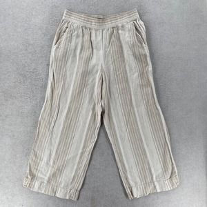 Tahari Linen Blend Pants Size LARGE‎ Tan Cropped Length Relaxed Wide Leg Striped